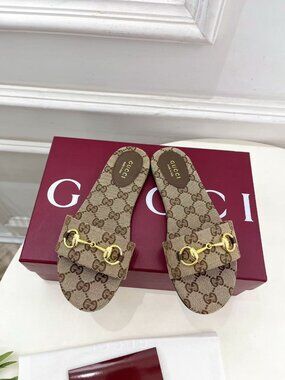 Gucci Classic GG Monogram Canvas Gold Horsebit Flat Slide Sandals